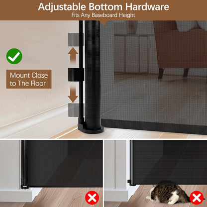 Reinforced 55" Extra Tall Pet Gate for Doorway - No Jumping Over, 55" Wide Retractable Baby Gates with Support Rods - No Crawling Under, Climb Proof Cat Gate for Stairs Tall Retractable Dog Gate/Black