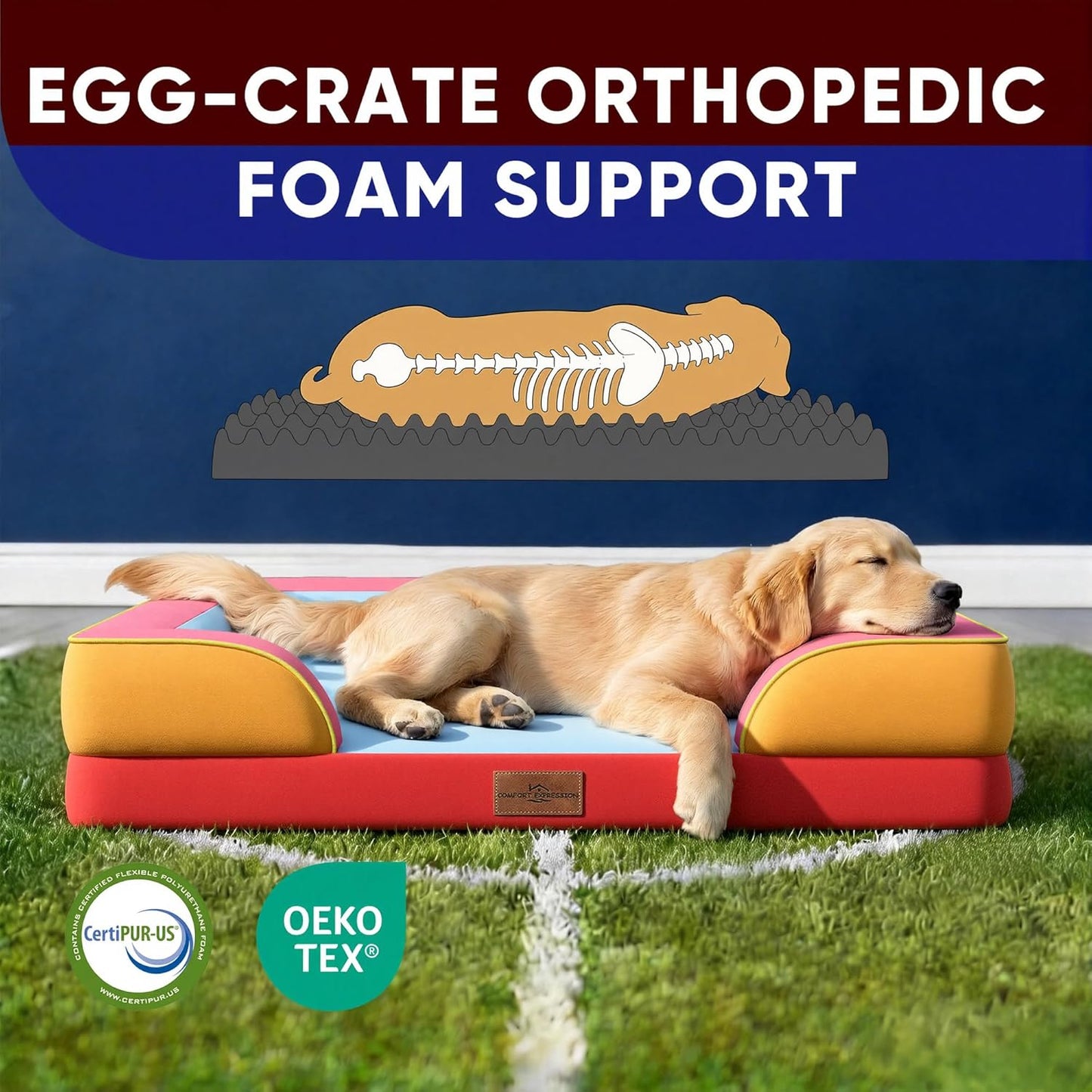 Comfort Expression Orthopedic Dog Bed for Extra Large Dogs 42x30 Inch, Waterproof Egg Crate Foam XL Pet Bed with Removable Bolsters, Dog Couch with Washable Cover & Non-Slip Bottom, Grey - Colors A