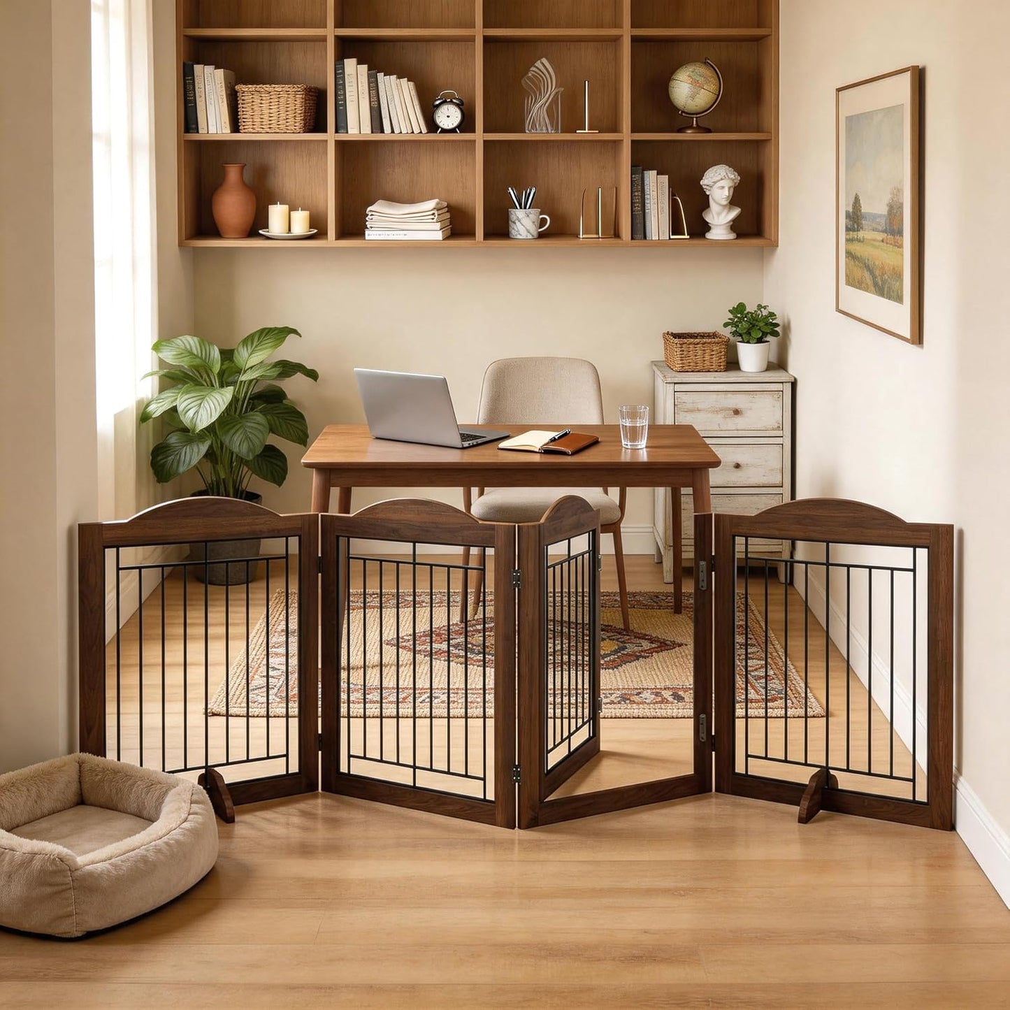 Vantas Espresso Wooden Folding Dog Gate 144" Wide x 30" Tall with Door, Freestanding Pet Gate, Pet Puppy Safety Fence