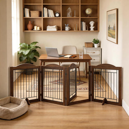 Vantas Espresso Wooden Folding Dog Gate 144" Wide x 30" Tall with Door, Freestanding Pet Gate, Pet Puppy Safety Fence