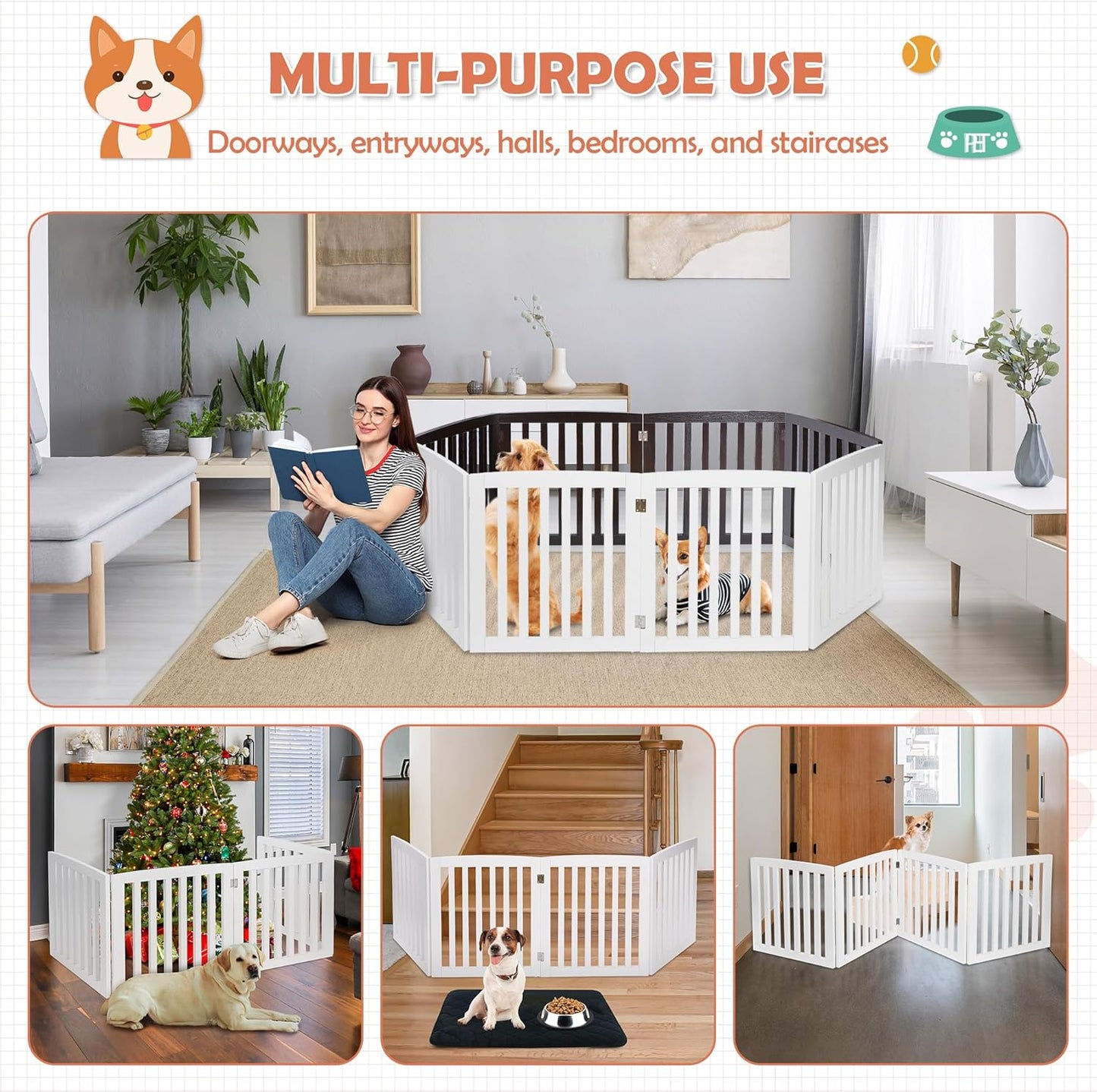 Freestanding Pet Dog Gate 36 Inch Foldable Fence Indoor 3 Panel Extra Wide Wooden Dog Door for Stairs Hallways Doorways