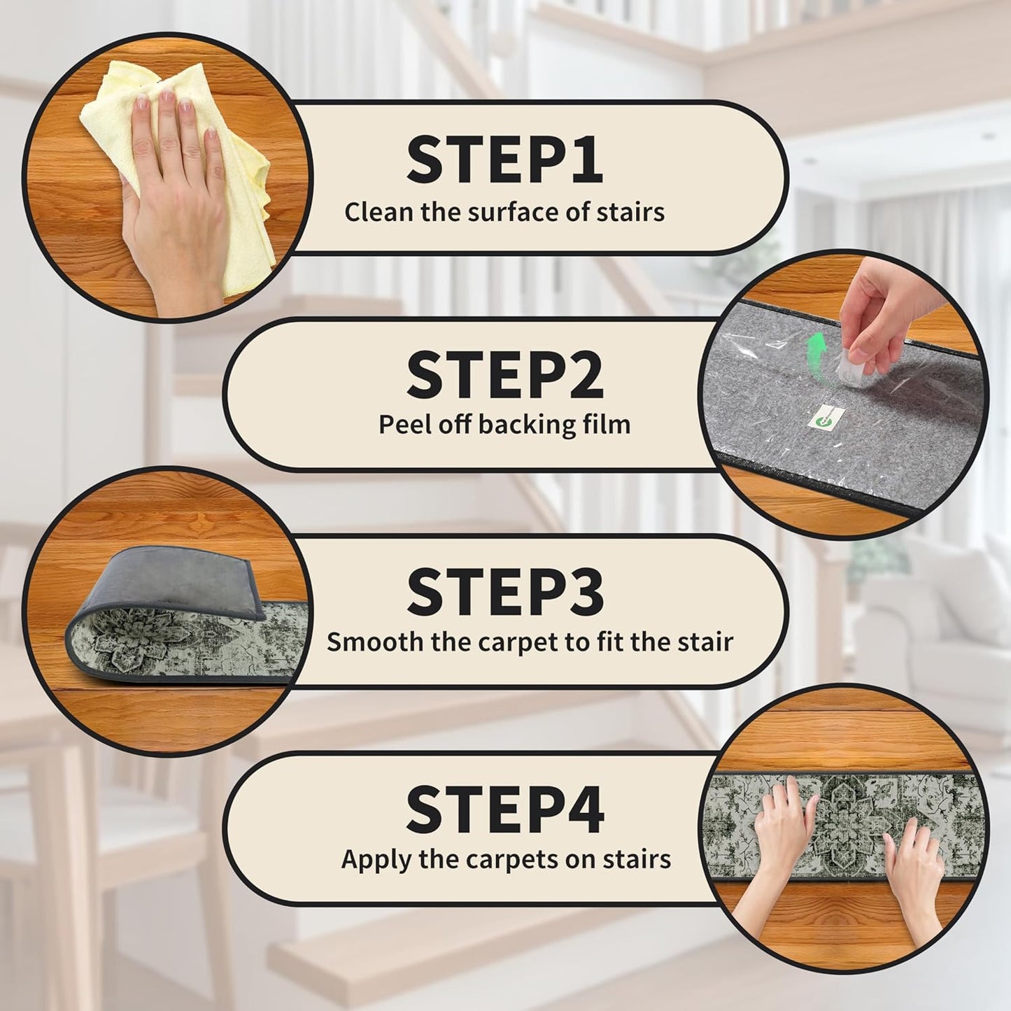 Non-Slip Stair Treads for Wooden Steps 15pcs,8"x30" Stair Carpet Treads for Indoor Use,Peel and Stick Stair Runners,Washable Reusable Adhesive Backing,Pet-Friendly Stair Capet for Kids,Elders,Dogs