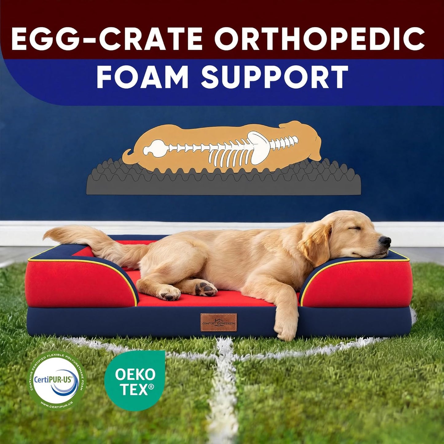 Comfort Expression Orthopedic Dog Bed for Extra Large Dogs 42x30 Inch, Waterproof Egg Crate Foam XL Pet Bed with Removable Bolsters, Dog Couch with Washable Cover & Non-Slip Bottom, Grey - Colors A