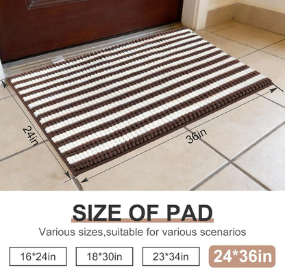 pobopobo Dog Door Mat for Muddy Paws - Absorbent & Washable Chenille Rug, Non-Slip Dirt Trapper for Indoor Outdoor Entryway, Quick Dry Pet Mat for Muddy Dogs (Striped Gray-Blue&White, 24" x 16")