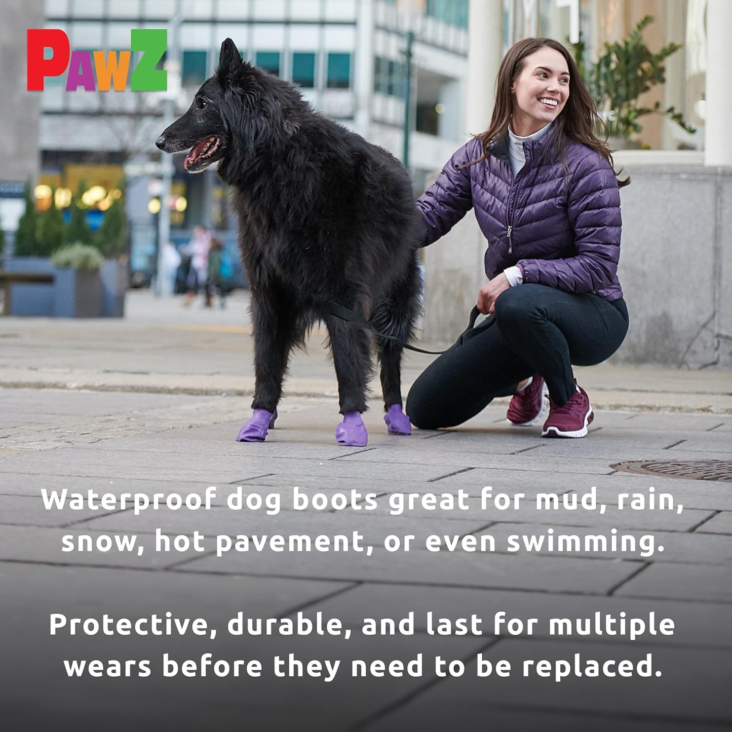 PawZ Rubber Dog Boots for Large Paws - All-Weather Waterproof Dog Shoes, Anti-Slip Traction for Rain, Snow, Mud & Hot Pavement - Pull-On Dog Booties, Purple - Large (3"- 4") - Pack of 24
