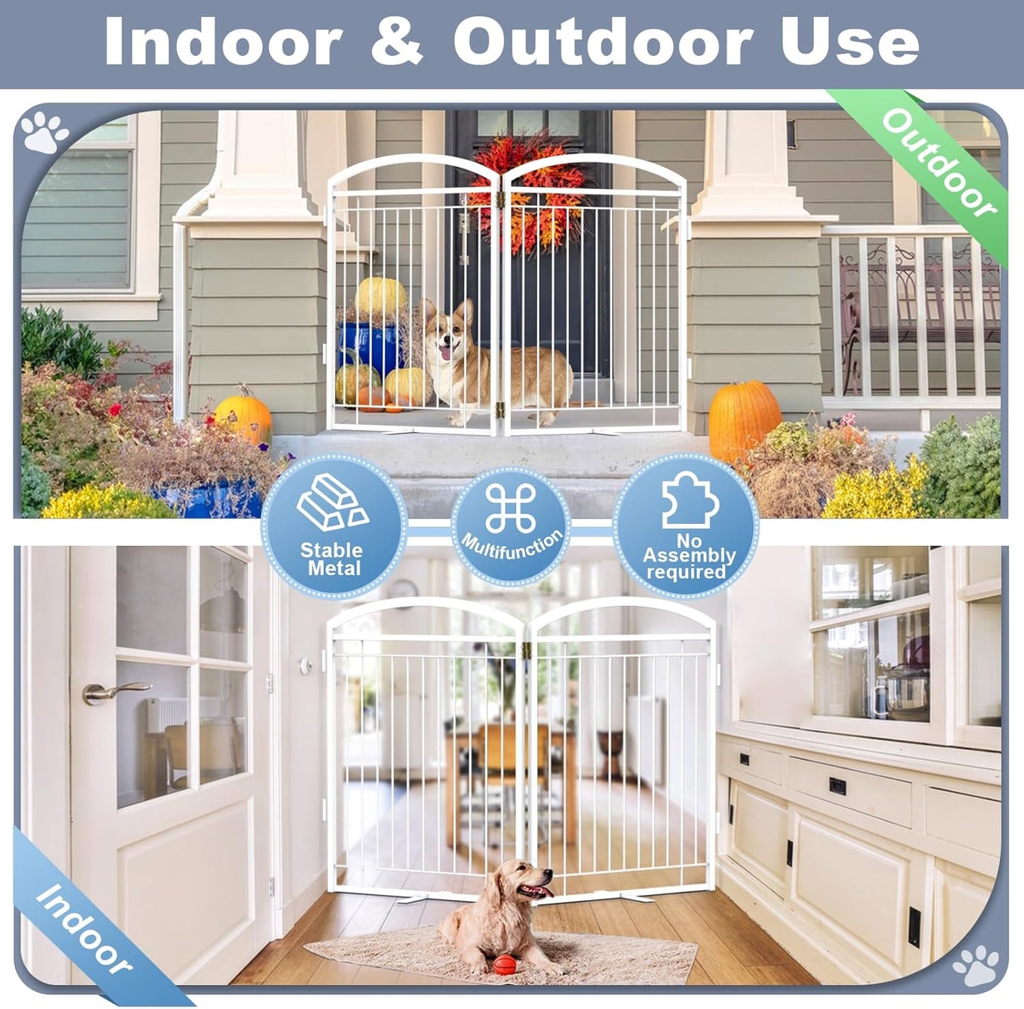 Full Metal Free Standing Dog Gate with Door for Indoor & Outdoor,96'' Extra Wide 32'' Tall Dog Gate for The Doorways,Large Openings,Decks,Porch,Pet Freestanding Safety Fence(4 Panels,Black)