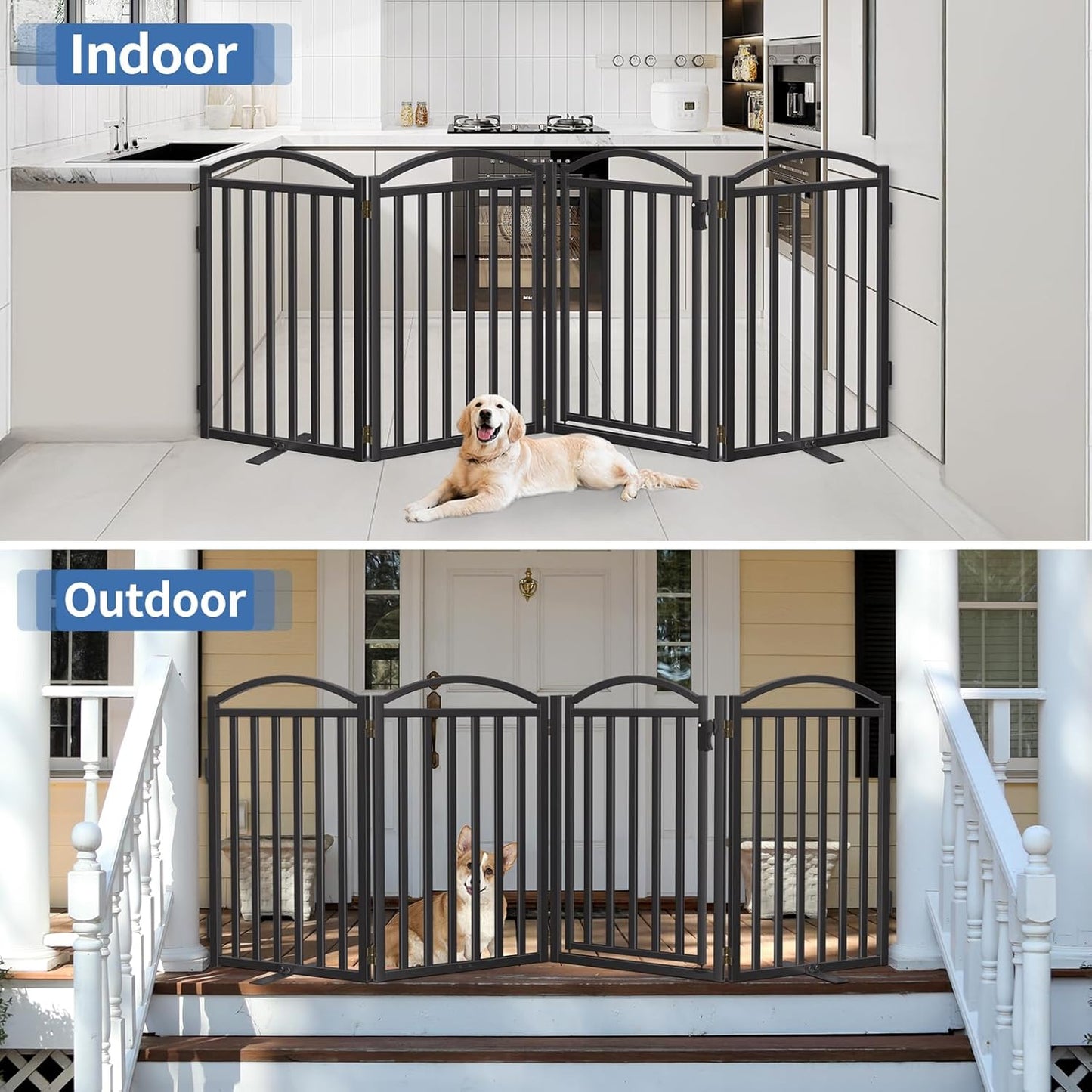 Malier Metal Freestanding Dog Gate, 32'' Height Outdoor Indoor Dog Fences, Extra Wide Foldable Puppy Gate for Stairs (Black, 【2 Panels】 40''W × 32''H)