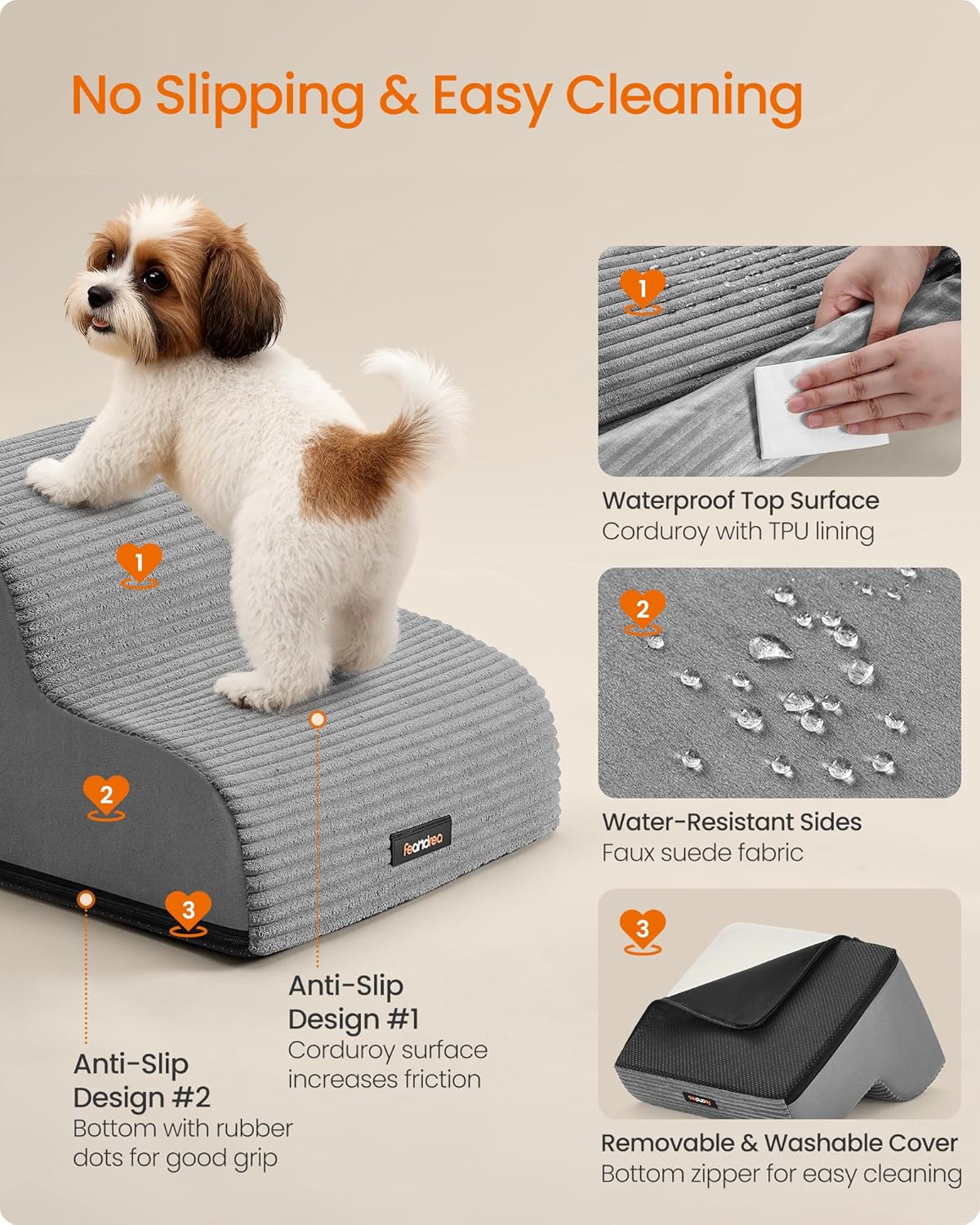 Feandrea 3-Step Dog Stairs, Dog Steps for Bed, Sofa, Waterproof Pet Stairs with Anti-Slip Designs, Gentle Slope, Removable Washable Cover, Handle, Dove Gray UPPS003G01