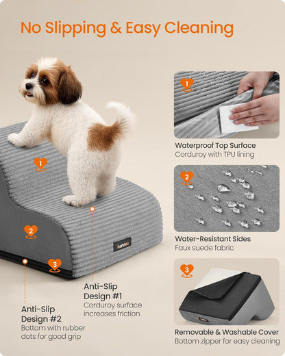 Feandrea 3-Step Dog Stairs, Dog Steps for Bed, Sofa, Waterproof Pet Stairs with Anti-Slip Designs, Gentle Slope, Removable Washable Cover, Handle, Dove Gray UPPS003G01