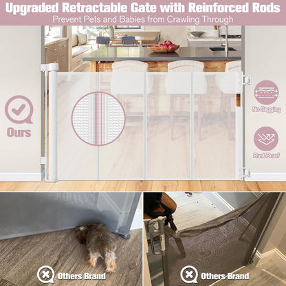 Reinforced 56" Wide Retractable Baby Gates for Doorways with Support Rods - Prevent Crawling Under Retractable Gate, Mesh Pet Gate for Stairs Retractable Dog Gates for The House Indoor/Outdoor, Black