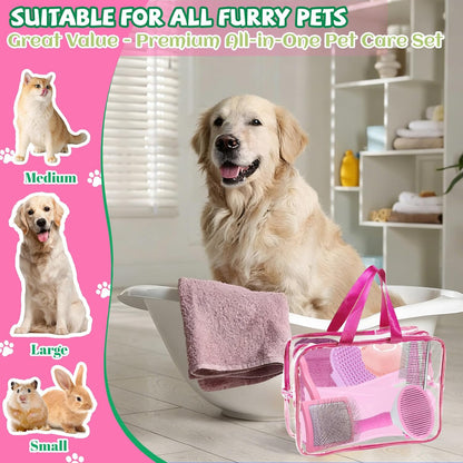 8PCS Dog Slicker Brush for Dogs Grooming Kit,Bath Grooming Kit for Pets,Hair Brush Set with Towel,Washing Gloves,Slicker Comb,and Shampoo Scrubber Brush for Small and Large Dogs and Cats(Blue)