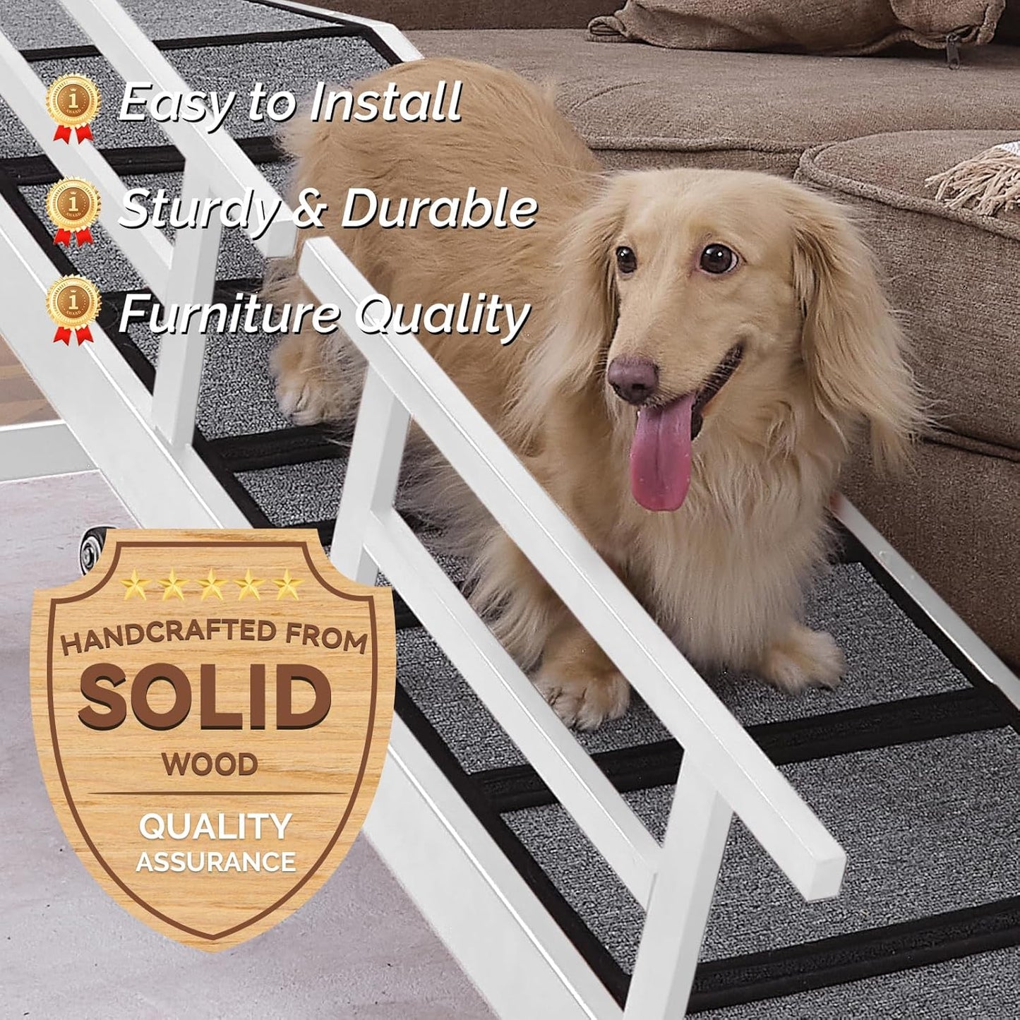 Dog Ramp for Bed or Couch, Wooden Pet Ramp with 20° Gentle Slope, Removable Side Rails, Non-Slip Surface, Top Platform & Wheels, Safe Bed Ramp for Small, Large & Senior Dogs, 60" Long, Mahogany