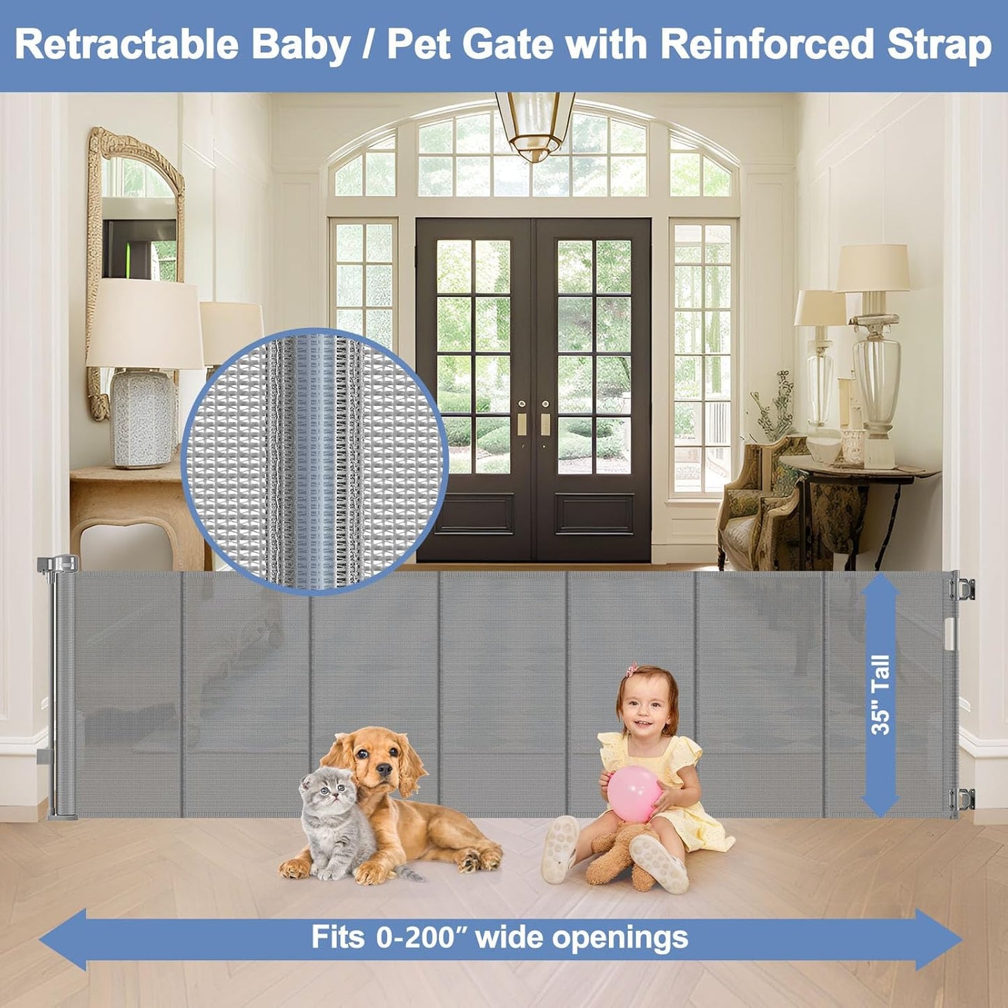 Reinforced 90 Inch Retractable Baby Gates Extra Wide Baby Gate with Reinforced Strips, 7.5ft Long Retractable Dog Gate for The House 33 Inch Tall Extra Long Pet Gates for Wide Openings, Black