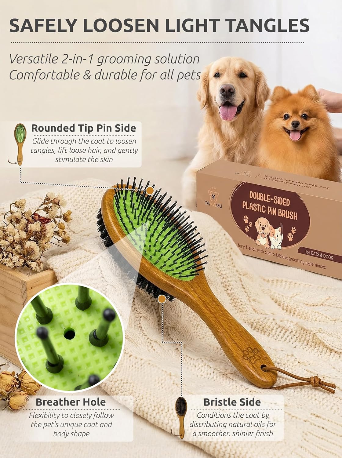 TAKAVU Short Hair Dog & Cat Deshedding Brush - Double Sided Grooming Tool with Silicone Massage & Bristle Sides - Removes Loose Fur & Dirt - Wood Handle