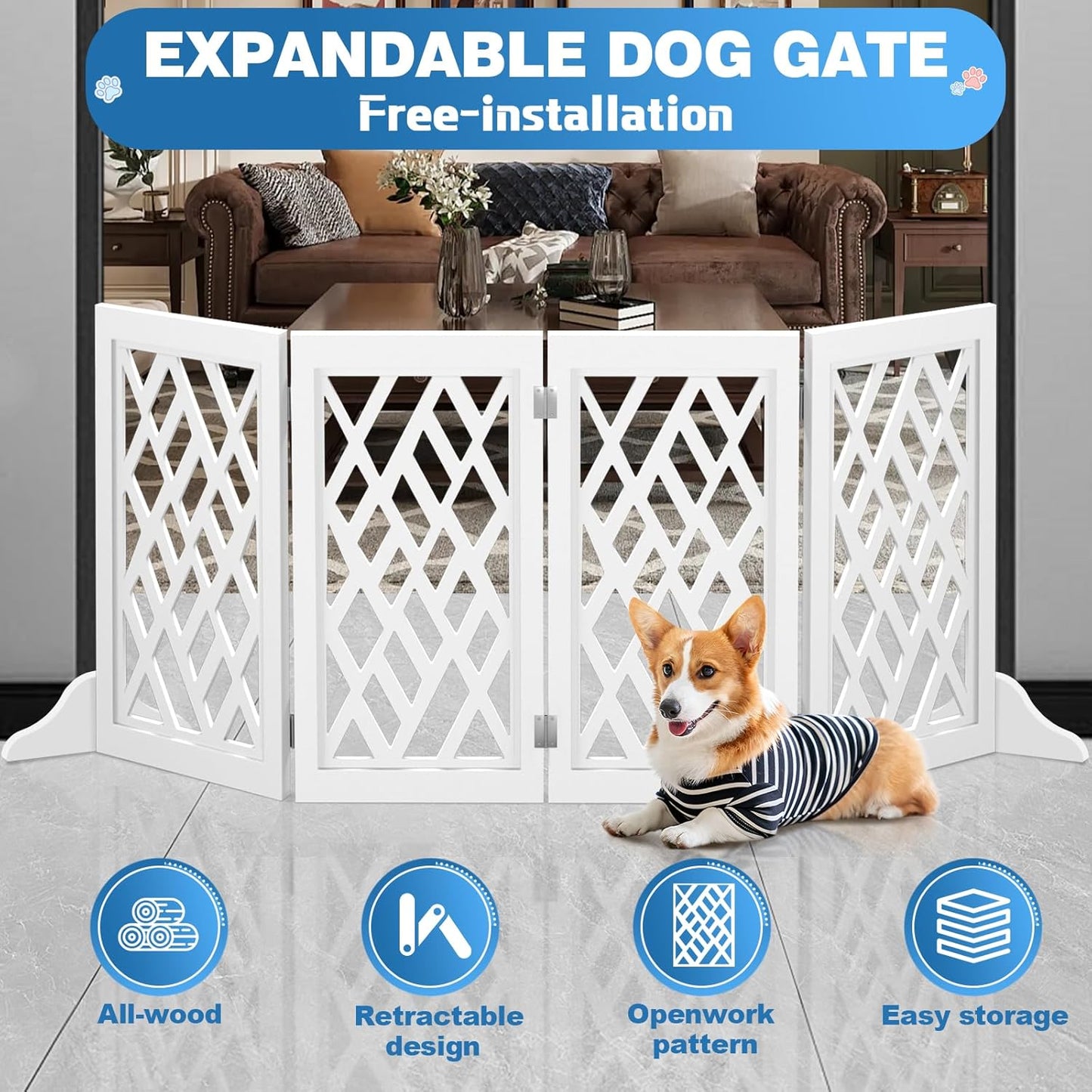 Cut-Out Design 16" Short Dog Gate for Small Dogs, Foldable Retractable Puppy Gate Indoor - Freestanding Lightweight Pet Barrier for Doorways, Stairs, Hallways (Extends to 41", White)