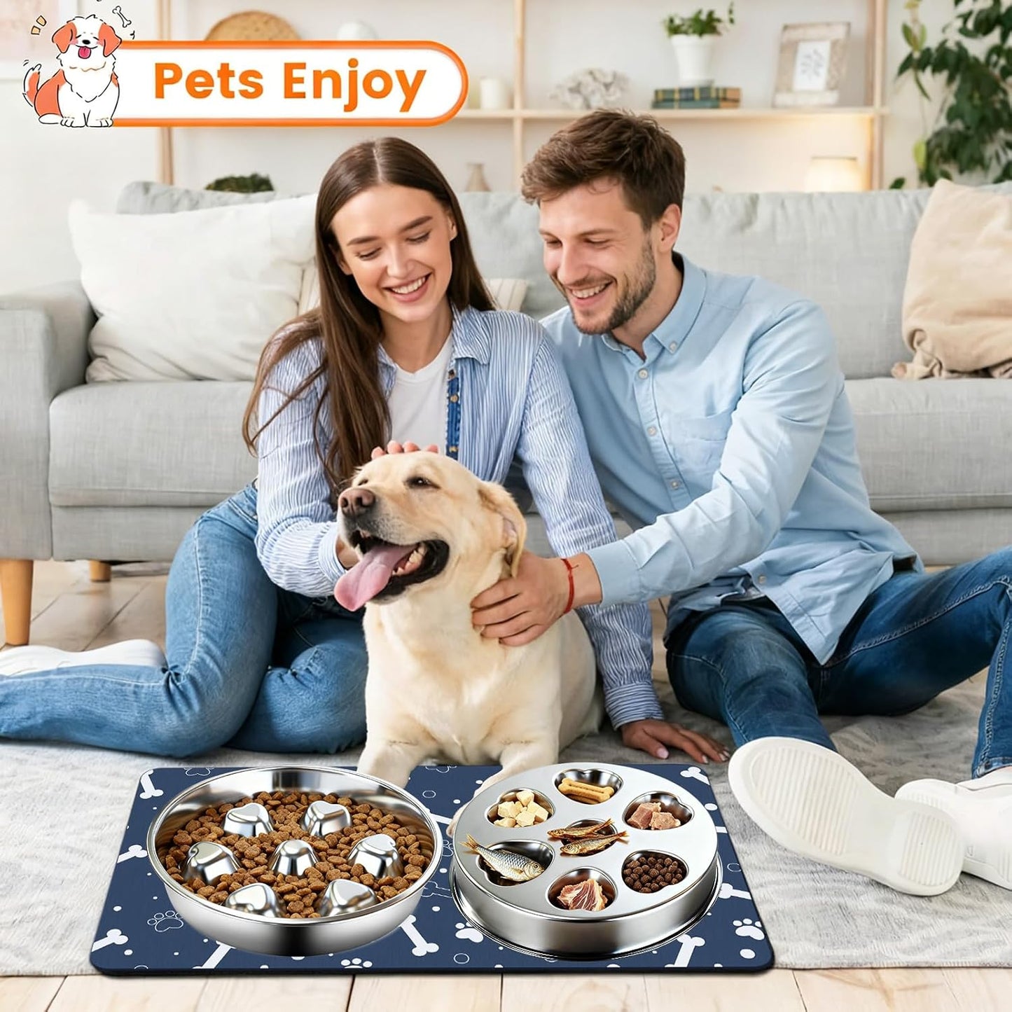 Stainless Steel Slow Feeder Dog Bowls,2 Pcs Slow Food Bowl for Dog & Cat - 2 Cups Capacity,Bone-Shaped Design Pet Food Holder,Metal Non-Slip Lick Plate,Puzzle Maze Dish for Small & Medium Sized Breeds