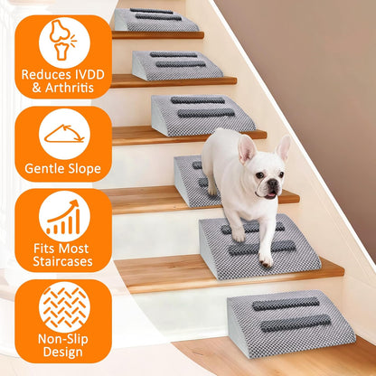 Dog Ramp for Stairs with Anti-Slip Bump for Small & Senior Dogs and Cats – Stair Wedges for Dogs with Gentle Slope, Pet Ramp with Washable Cover & Self-Sticky Pads for Safe Climbing (Gray, 6 Pack)