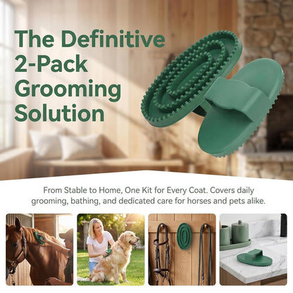 Horse Brush Set, 2 Pack Large Rubber Curry Comb, Horse Grooming Brush & Deshedding Tool for Short Haired Dogs, Flexible Pet Bathing Massage Comb Rubber for Loose Hair & Mud Removal, Green, 5.7"x3.7"