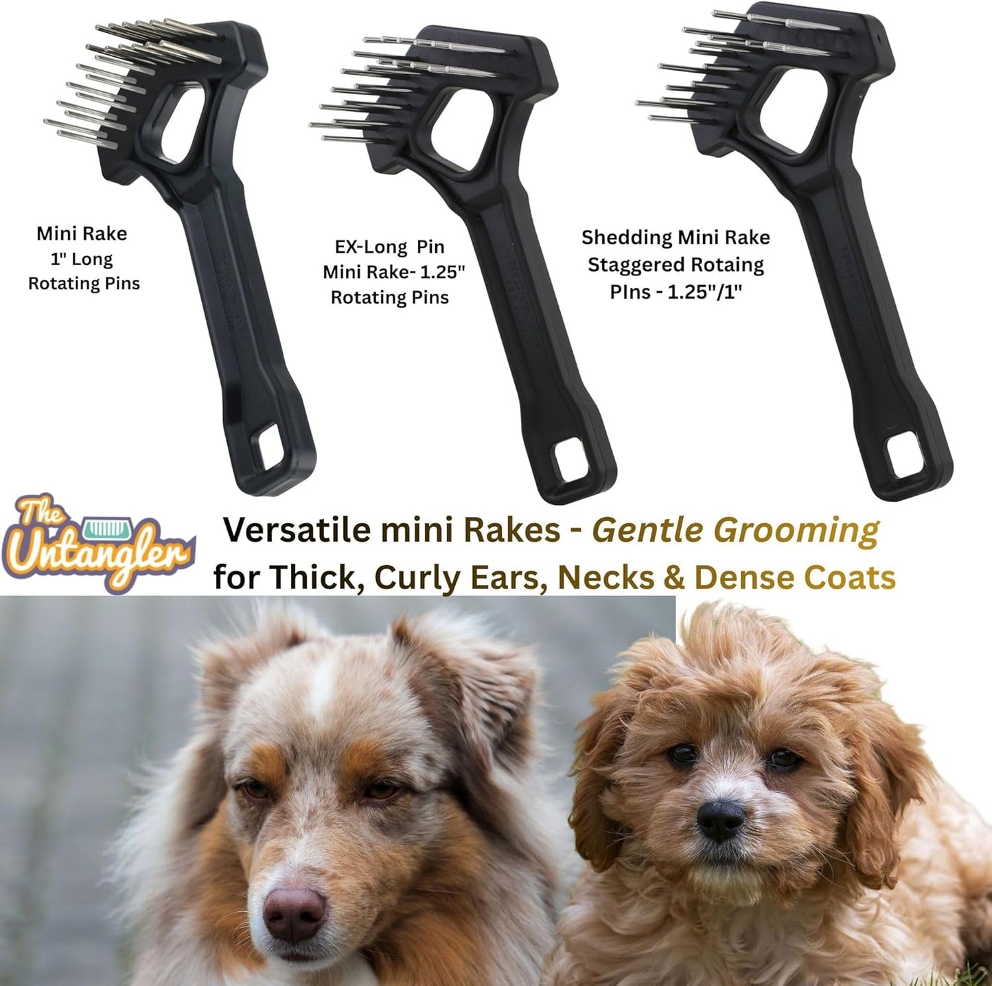 Undercoat Mini-Rakes for Effective Dematting and Grooming Dogs and Cats has V-Shape Head and Double Row, Stainless-Steel Rotating Teeth (Extra-Long Tooth Mini Rake)