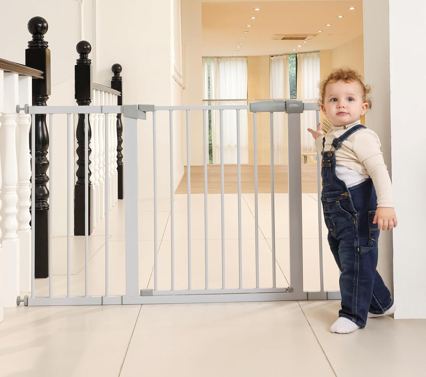 44.72"-46.89" Baby and Pet Safety Gate, 30" Tall Metal Walk-Thru Gate for Doorways & Stairs, Easy One-Hand Open, Dual Lock, Extensions & Wall Mounts Included (Brown, 29"-46" W x 30.5“H)
