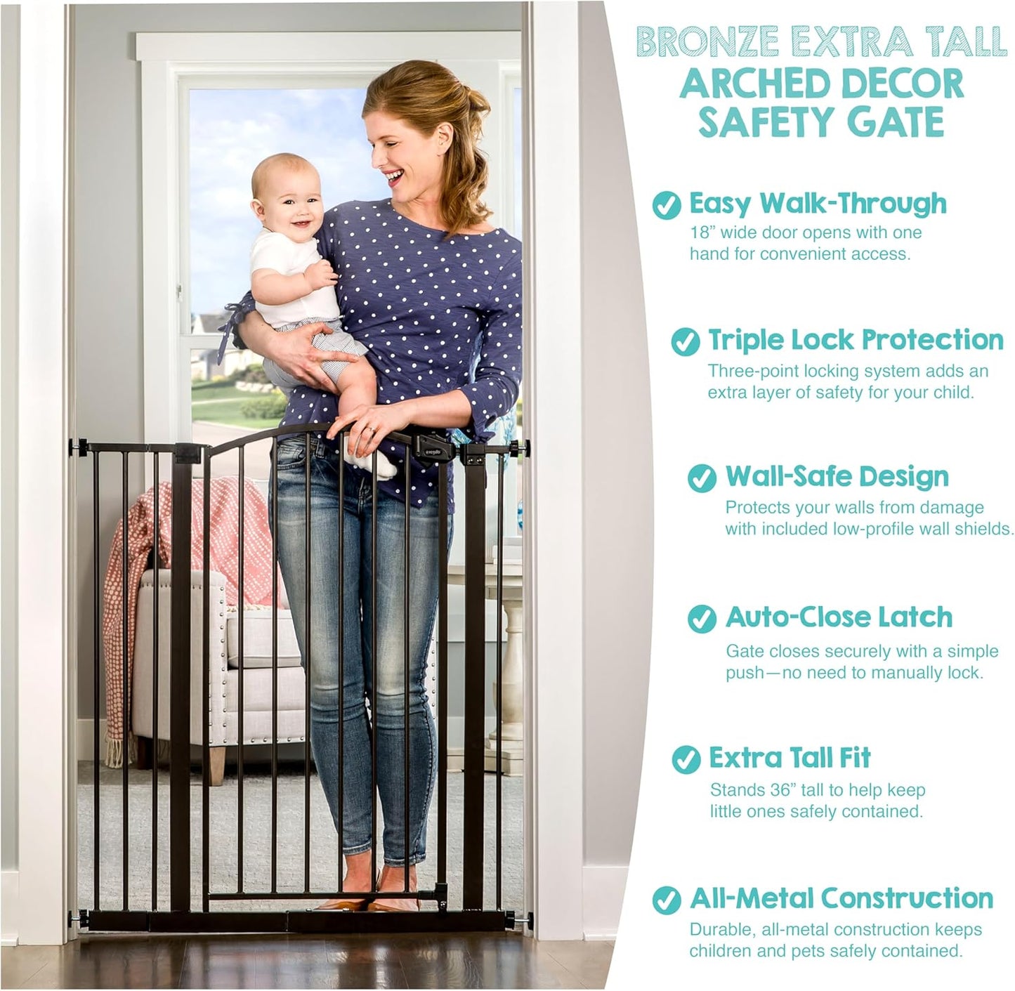 Regalo Safety 30.5-58" Extra Wide Arch Baby Gate with Door, Pressure Mount Walk Through Gate for Doorways & Bottom of Stairs, Babies, Toddlers & Pets, Tested & Safe, American Designed, American Owned