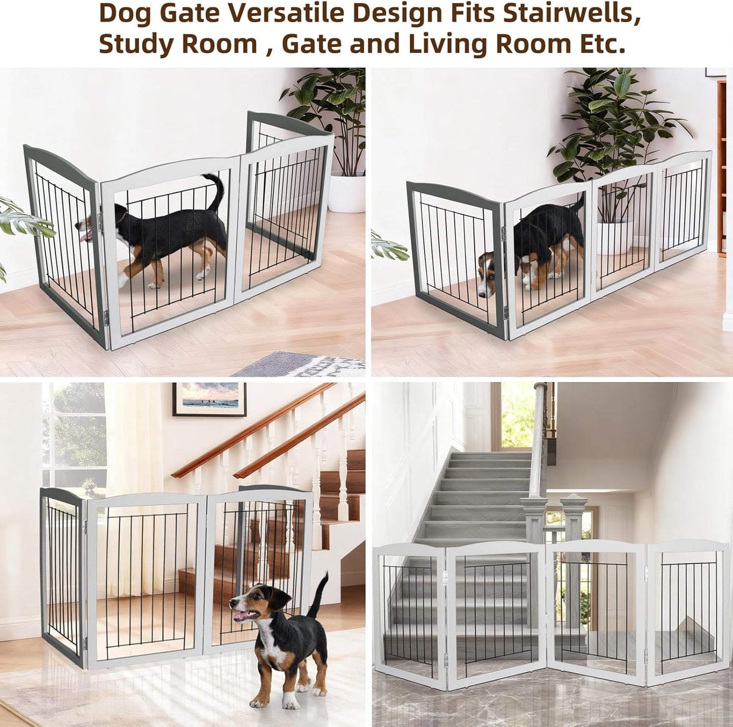 ZJSF Freestanding Foldable Dog Gate for House Extra Wide Wooden White Indoor Puppy Gate Stairs Doorways Pet Gate Tall Dog Fence 3 Panels Fence