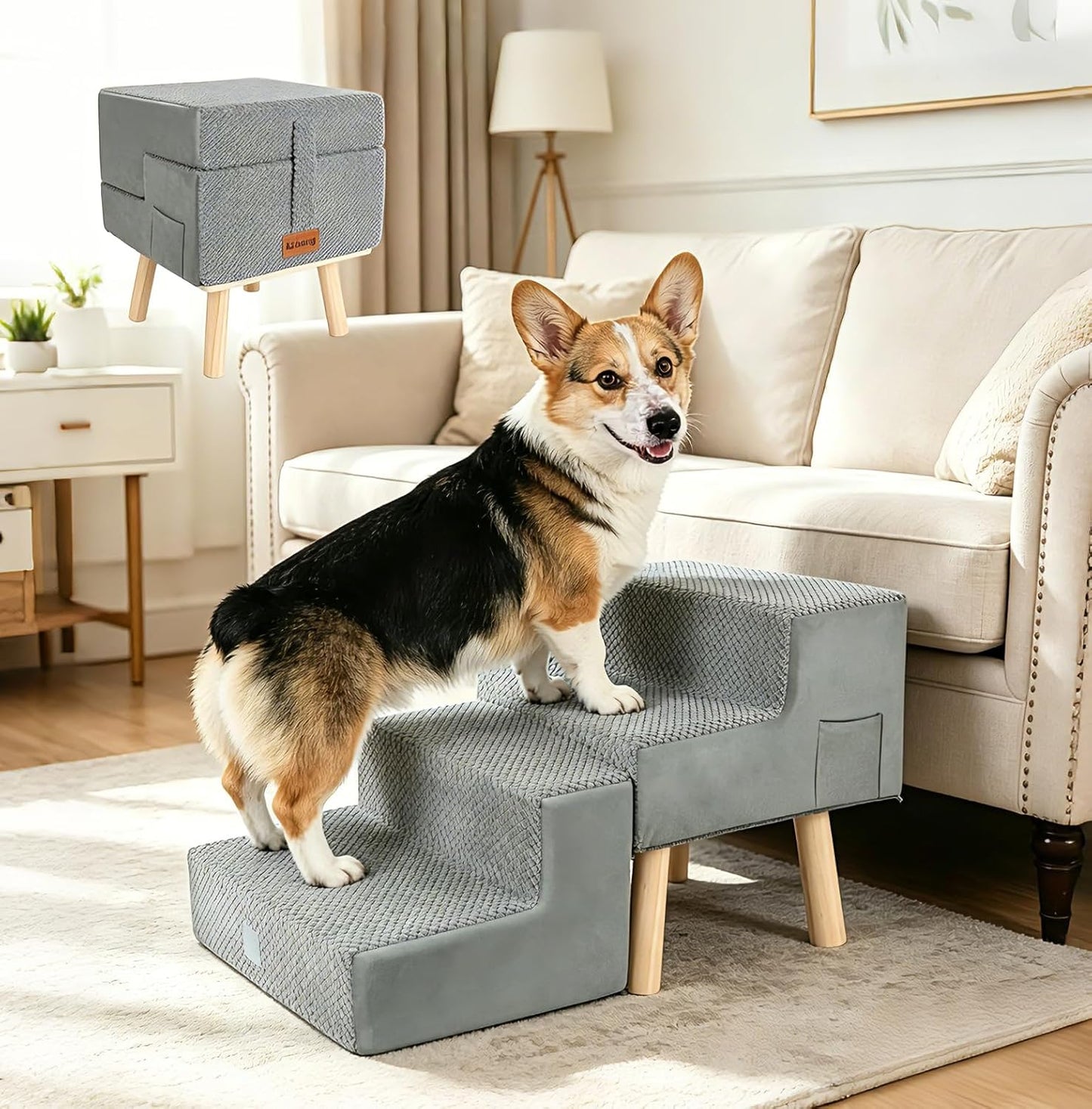 Dog Stairs for Small Dogs and Cats, 4-Step Dog Ramp for Couch and Bed, Foldable 2-in-1 Wooden Pet Steps for Puppy, Split Ottoman Design, Beige