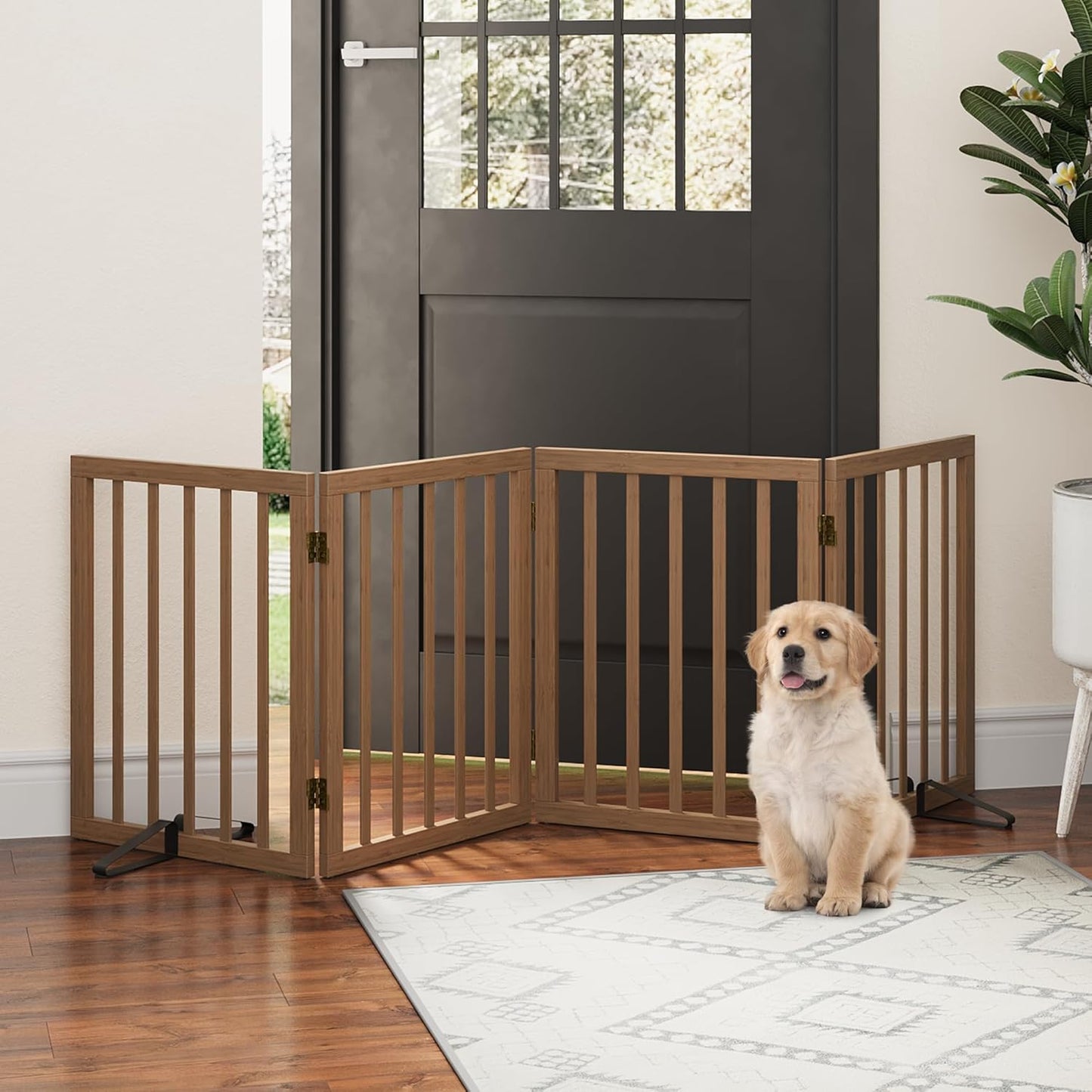 Freestanding Foldable Dog Gate - 4 Panel Room Divider with Metal Support Feet (Black)