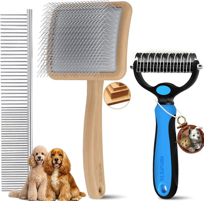 Large Dog Slicker Brush for Goldendoodles, Poodles - 3 in 1 Grooming Kit with Undercoat Rake, Comb - Extra Long Pins for Dematting Great Pyrenees, Thick Coats, Shedding, Detangling, Natural