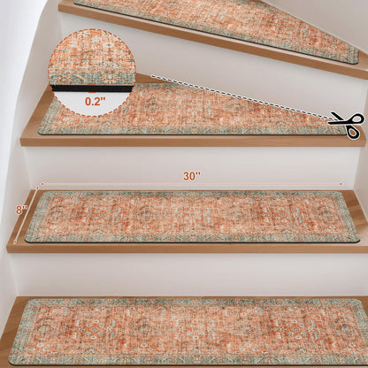 Tiveney Stair Treads Non Slip 15PCS 8"x30" Stair Runner, Rubber Backing Carpet Stair Treads for Wooden Steps, Washable Safety Carpet for Stairs Khaki Indoor Staircase Step Treads for Kids Elder Dogs