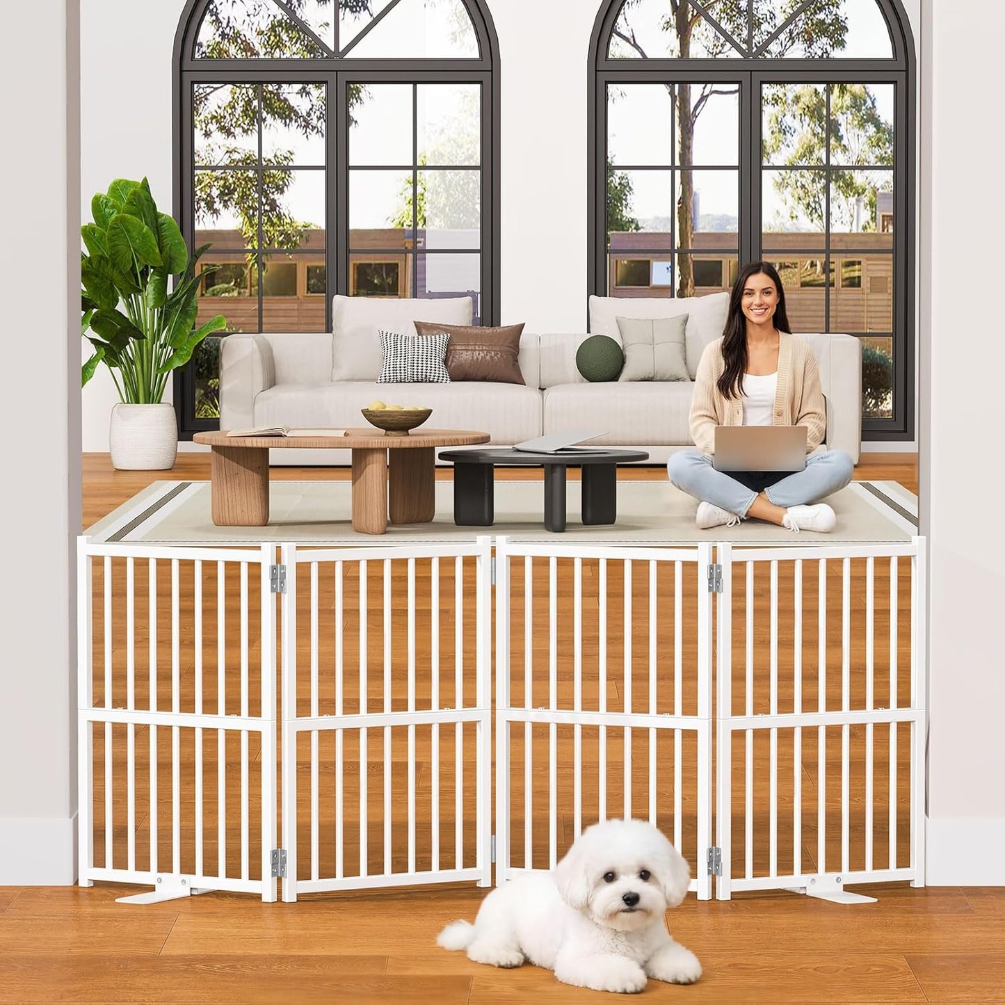 Snughome Short Dog Gate Indoor, 16" High Freestanding Small Dog Door Gates with Support Feet, Expands Up to 48’’ Wide Foldable Pet Gate for Doorway, 4 Panel Folding Pet Door Pet Fence for Puppy, White