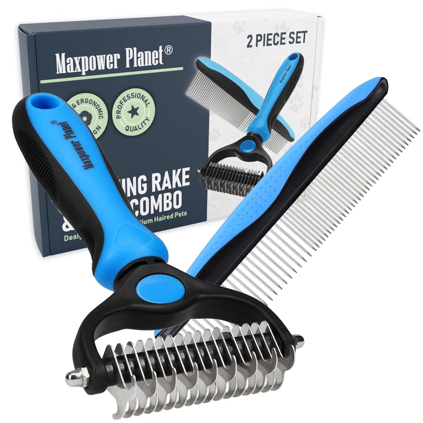 Maxpower Planet Dog Rake and Dog Hair Brush - Gently Removes Loose Undercoat, Mats and Tangled - Deshedding Grooming Tool for Dogs & Cats - Self Cleaning Slicker Brush - All Hair Types
