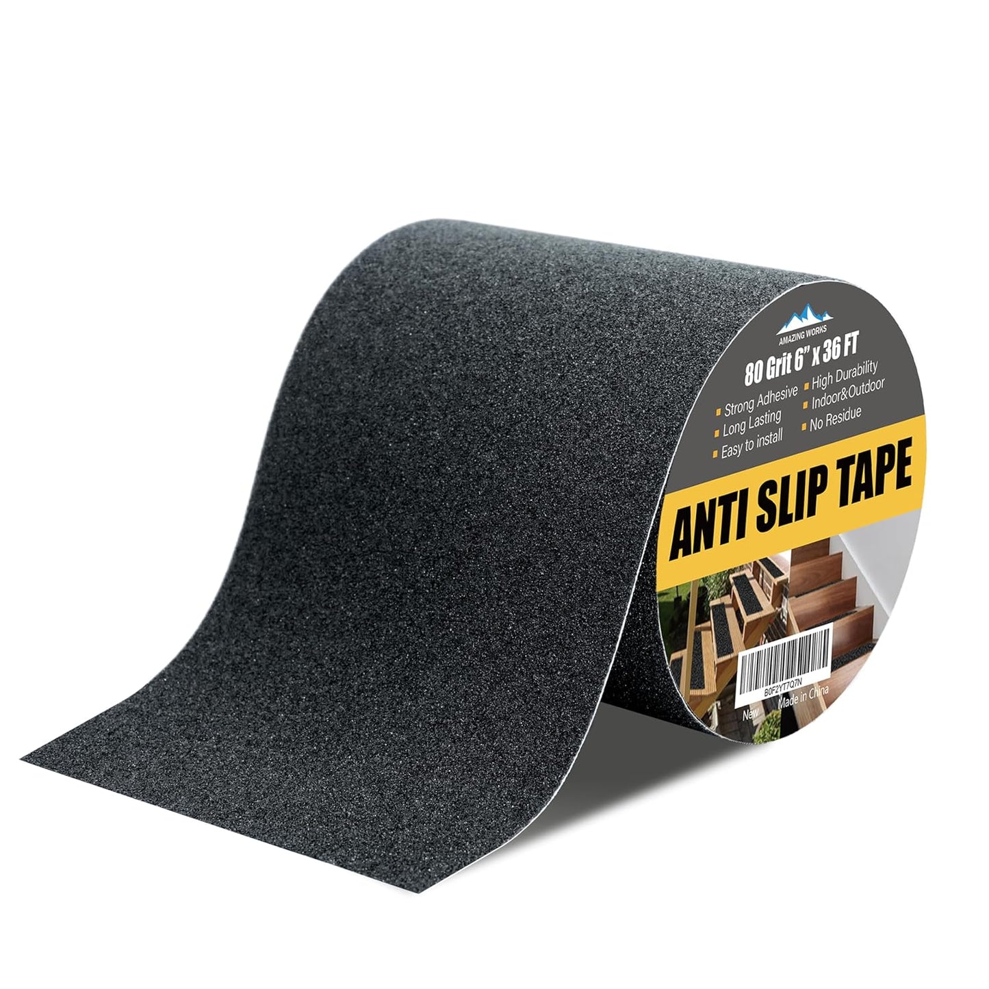 Grip Tape - Heavy Duty Anti Slip Tape 80 Grit Non Slip for Stairs Outdoor/Indoor, Waterproof High Traction Stairs Non Skid Treads, Durable Triple Layer Adhesive - Black (1 Inch x 20 Feet)