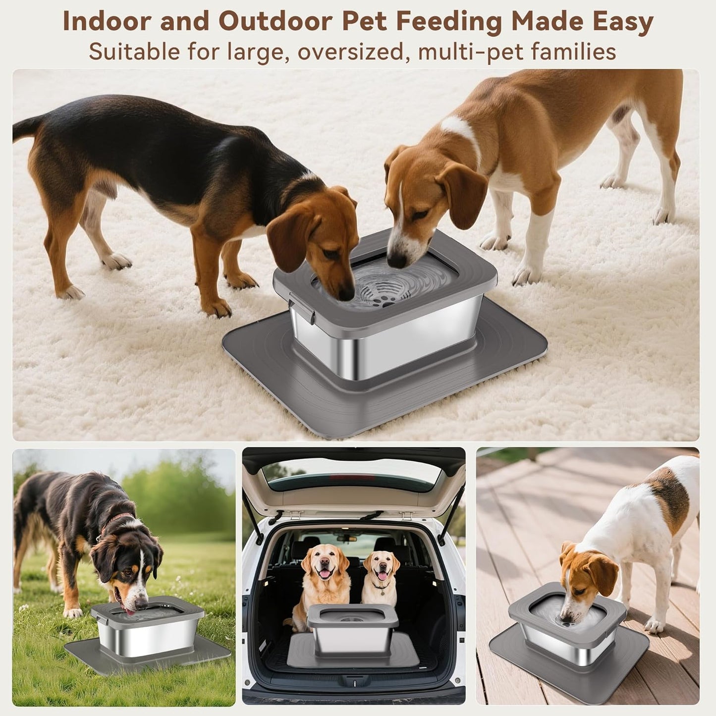 10L No Spill Dog Water Bowl, 2.6 Gal Stainless Steel No Splash Large Dog Water Bowl with Non-Slip Silicone Mat, Spill Proof Slow Drinking Pet Bowls for Messy Drinkers Indoor/Outdoor Use Black
