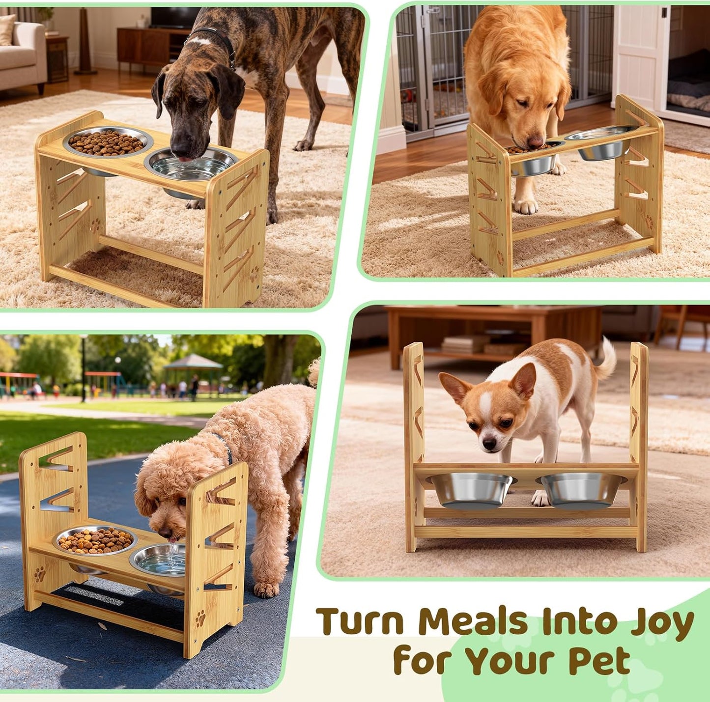 Elevated Dog Bowls, Adjustable Raised Dog Bowl Stand for Medium and Small Dog, 11" High Bamboo Pet Food Feeder with 2 Stainless Steel Dishes（4 Heights）