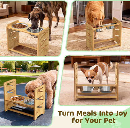 Elevated Dog Bowls, Adjustable Raised Dog Bowl Stand for Medium and Small Dog, 11" High Bamboo Pet Food Feeder with 2 Stainless Steel Dishes（4 Heights）