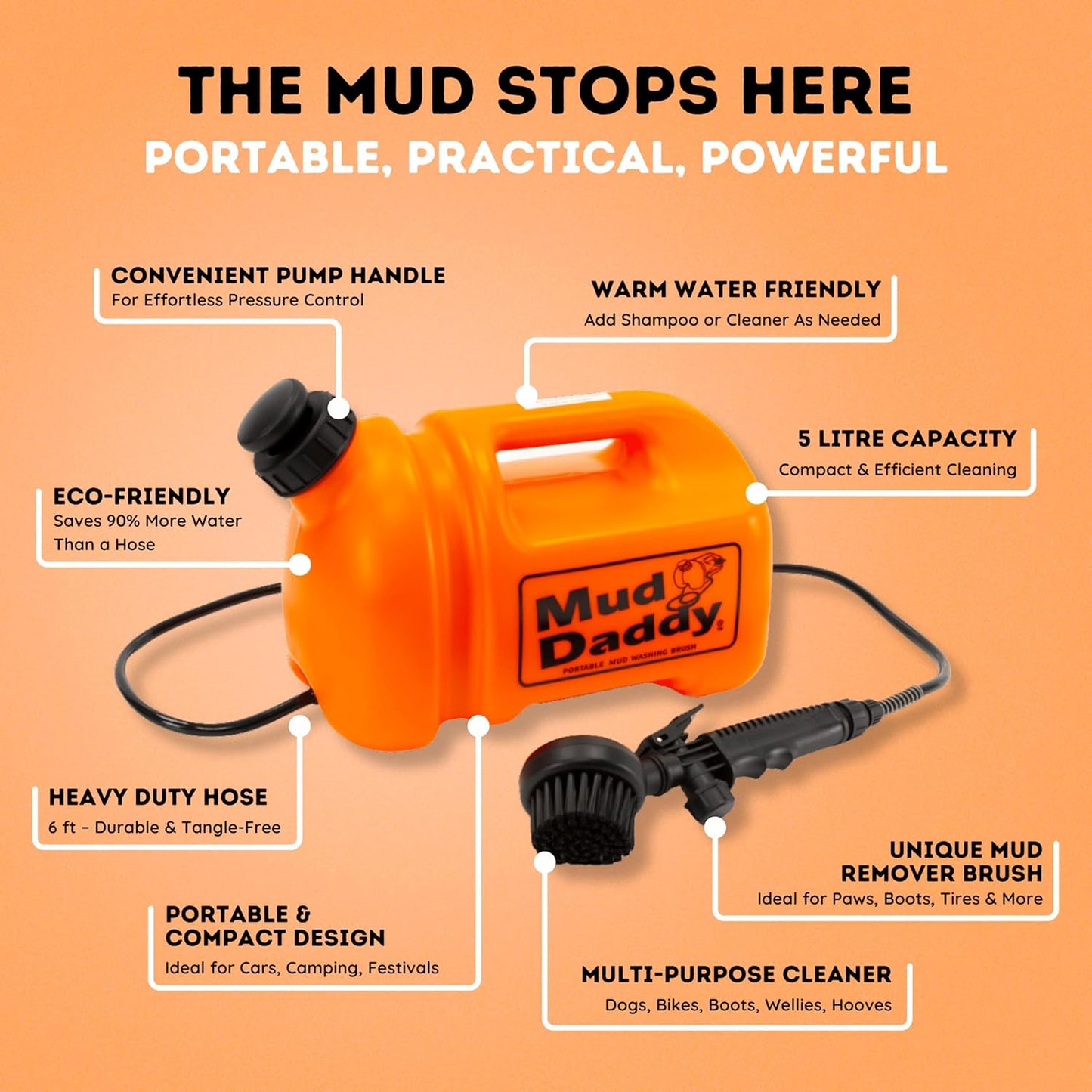 Dog Washer - Portable Paw Cleaner with Bath Brush, Shower Hose Attachment, and 1.3 Gallon (5L) Capacity in Orange