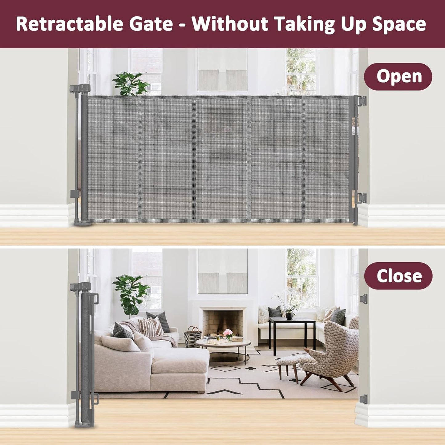 26 Inch Tall Step Over Retractable Dog Gate with Reinforced Bars 55" Wide Small Puppy Gates for The House Short Retractable Baby Gates for Doorway Mesh Dog Gate Indoor Doggie Gate Retractable Pet Gate