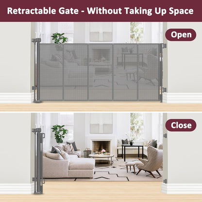 26 Inch Tall Step Over Retractable Dog Gate with Reinforced Bars 55" Wide Small Puppy Gates for The House Short Retractable Baby Gates for Doorway Mesh Dog Gate Indoor Doggie Gate Retractable Pet Gate