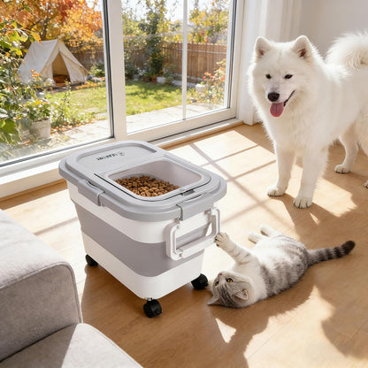 Dog Food Storage Container 30-40lbs, Airtight Pet Food Bin with Locking Lid & Clear Window, Collapsible Rolling Storage Container with Wheels & Scoop, Gray