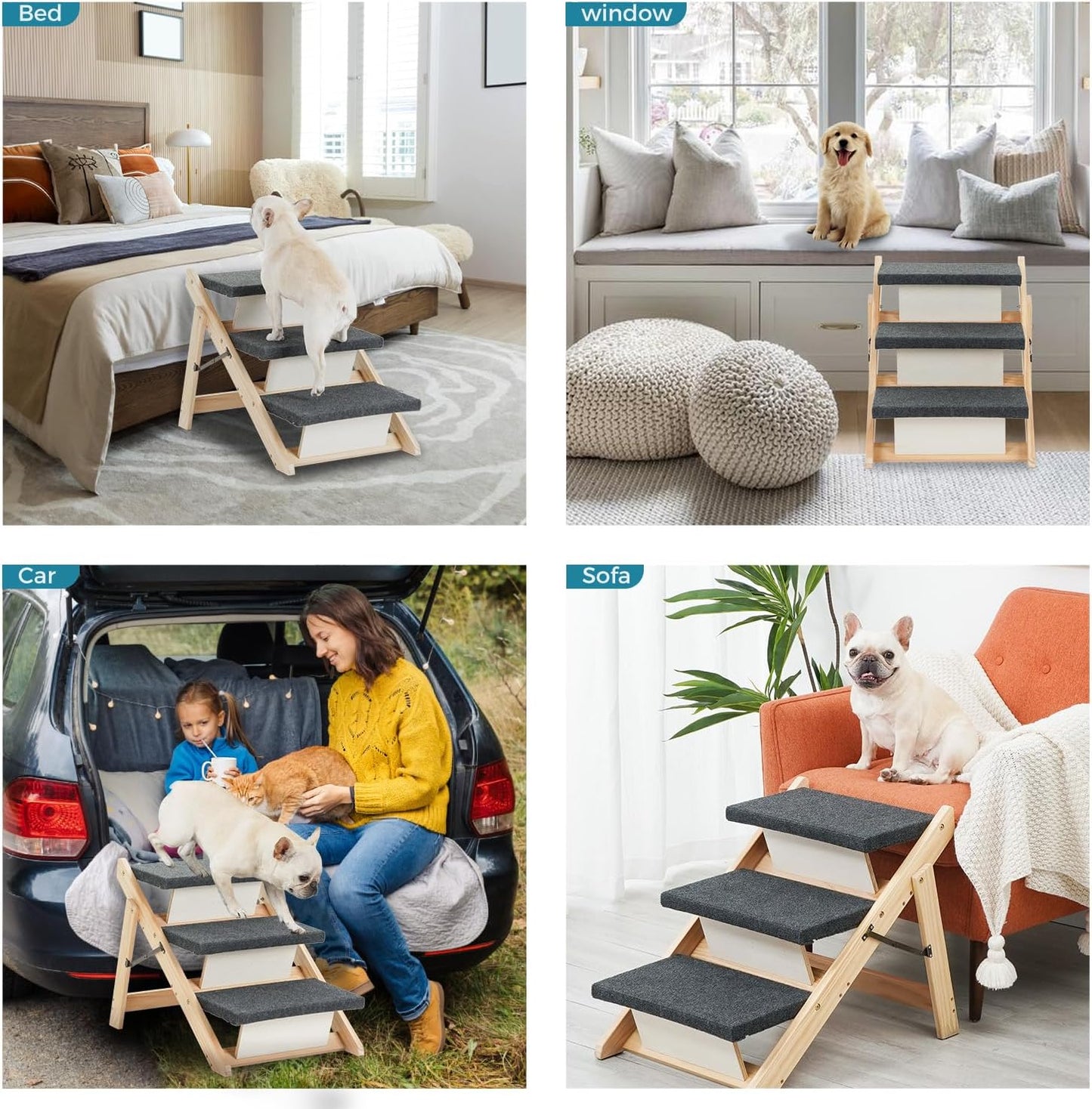 MEWANG Wood Pet Stairs & Ramp for Small/Medium Dogs and Cats, Aging Pets – 2-in-1 Foldable, Portable, Non-Slip Pet Ladder for Tall Beds, Couches,Cars–Holds Up to 220 lbs (17.3" L x 17.2" W x 13.0" H)