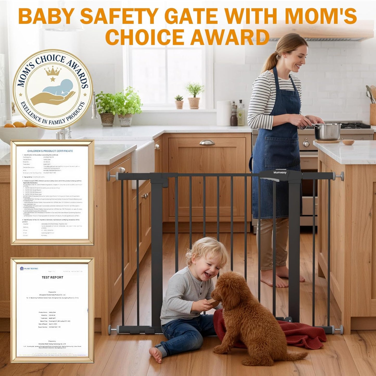 Mumeasy 29.7-46" Baby Gate for Stairs, Pressure Mounted Dog Gate for Doorways, Auto Close Walk Through Pet Gate Indoor, Extra Wide Metal Child Safety Gate, Mom's Choice Awards Winner, Black