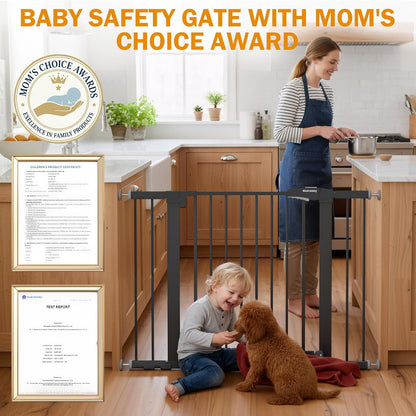 Mumeasy 29.7-46" Baby Gate for Stairs, Pressure Mounted Dog Gate for Doorways, Auto Close Walk Through Pet Gate Indoor, Extra Wide Metal Child Safety Gate, Mom's Choice Awards Winner, Black
