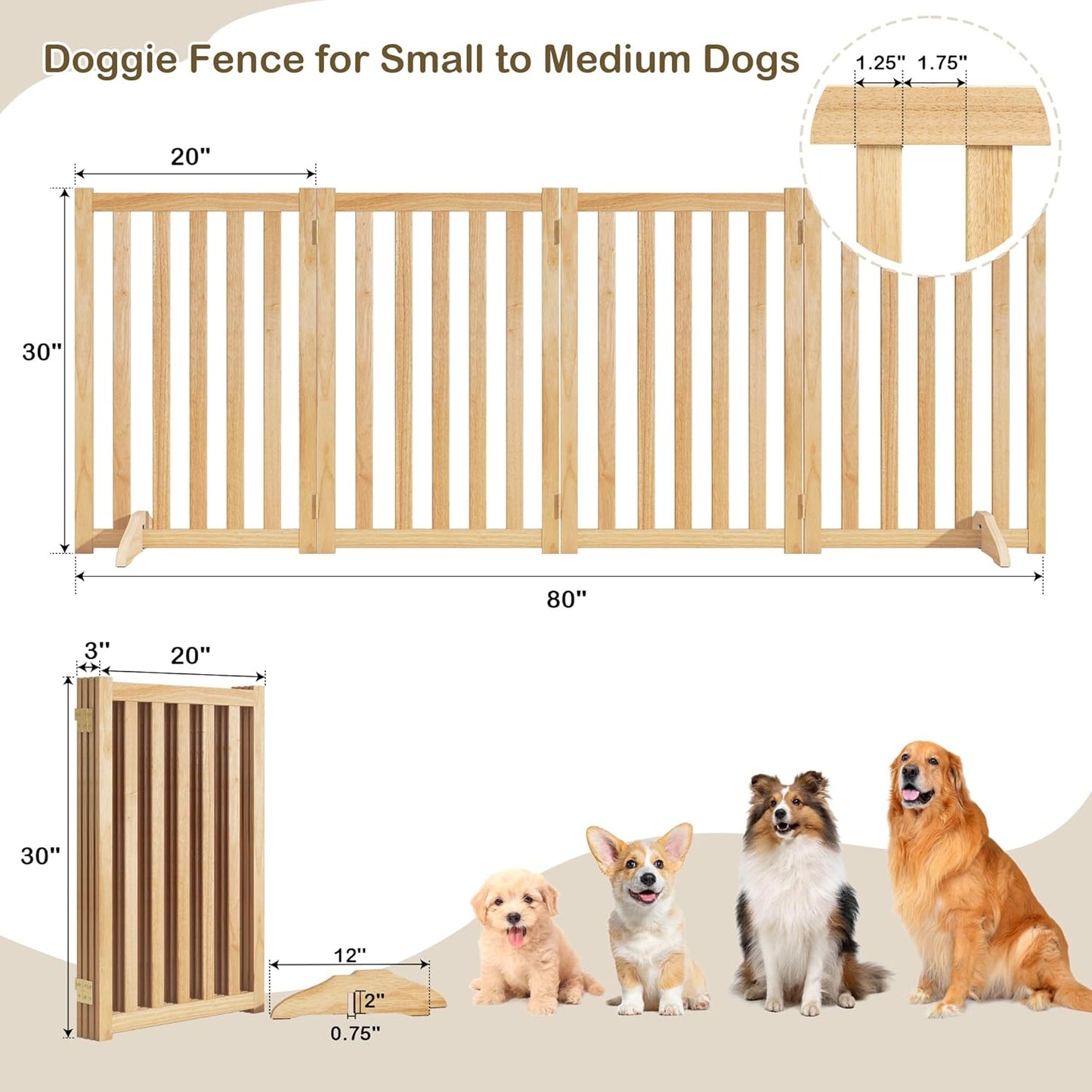 36" Height Extra Tall Freestanding Pet Gate, Solid Wood Folding Safety Fence Wooden Dog Gate with 2 PCs Support Feet Ideal for Stairs, Doorways, Halls, Kitchens, Heavy Duty Gates, 3 Panels, Oak