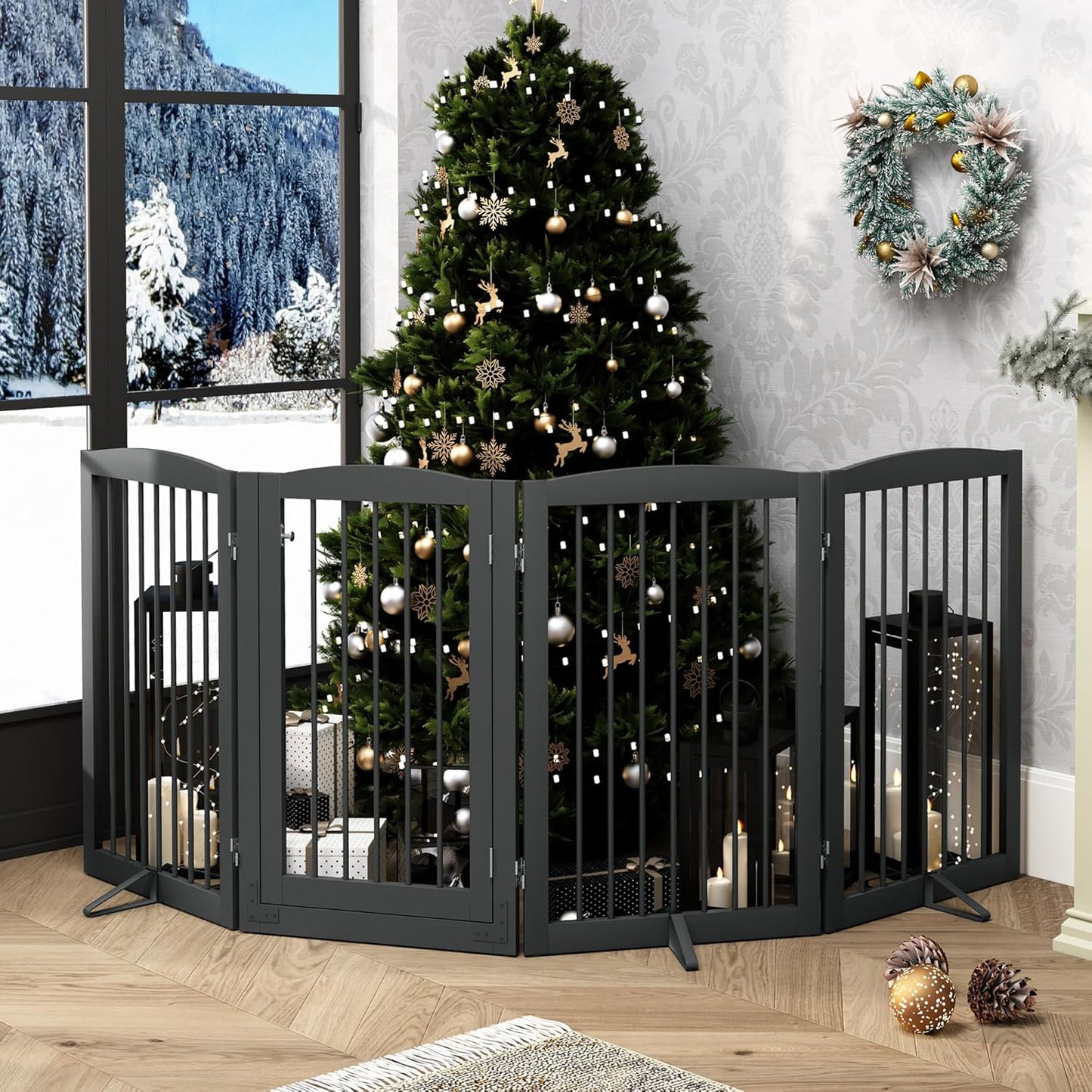 PUPETPO Freestanding Dog Gate with Door, Pet Gate for Stairs, 80 inch Wide Pet Barrier Indoor, Dog Fences Indoor, Support Feet Included, 4 Panels, 24" Tall, Dark Brown