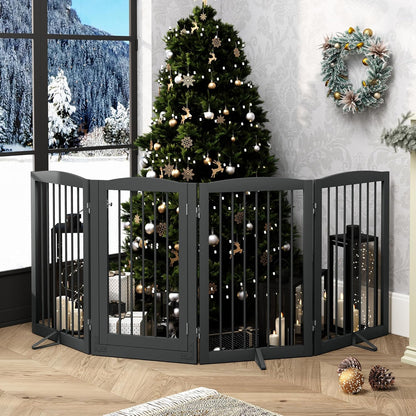 PUPETPO Freestanding Dog Gate with Door, Pet Gate for Stairs, 80 inch Wide Pet Barrier Indoor, Dog Fences Indoor, Support Feet Included, 4 Panels, 24" Tall, Dark Brown