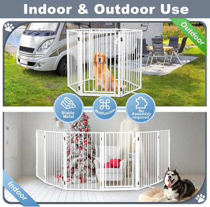 Metal Freestanding Dog Gates with Door for Outdoor Indoor,80'' Extra Wide 32'' Tall Free Standing Dog Gate for Doorways,Large Openings,Deck,Yard,Foldable Safety Pet Fence(Black,4 Panels)