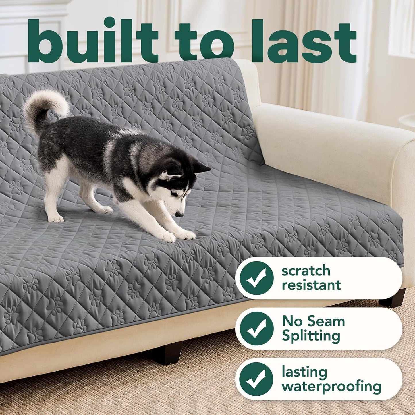 PAWFINITY Waterproof Couch Cover for Dogs, Pee Proof Pet Blanket, Paw Print Quilted, Pet Hair Resistant, Scratch-Resistant, Washable Furniture Protector for 2-3 Seat Sofa and Bed, 30x70 Inch, Grey