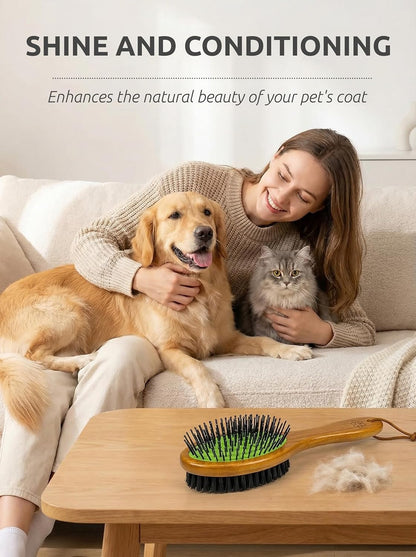 TAKAVU Short Hair Dog & Cat Deshedding Brush - Double Sided Grooming Tool with Silicone Massage & Bristle Sides - Removes Loose Fur & Dirt - Wood Handle