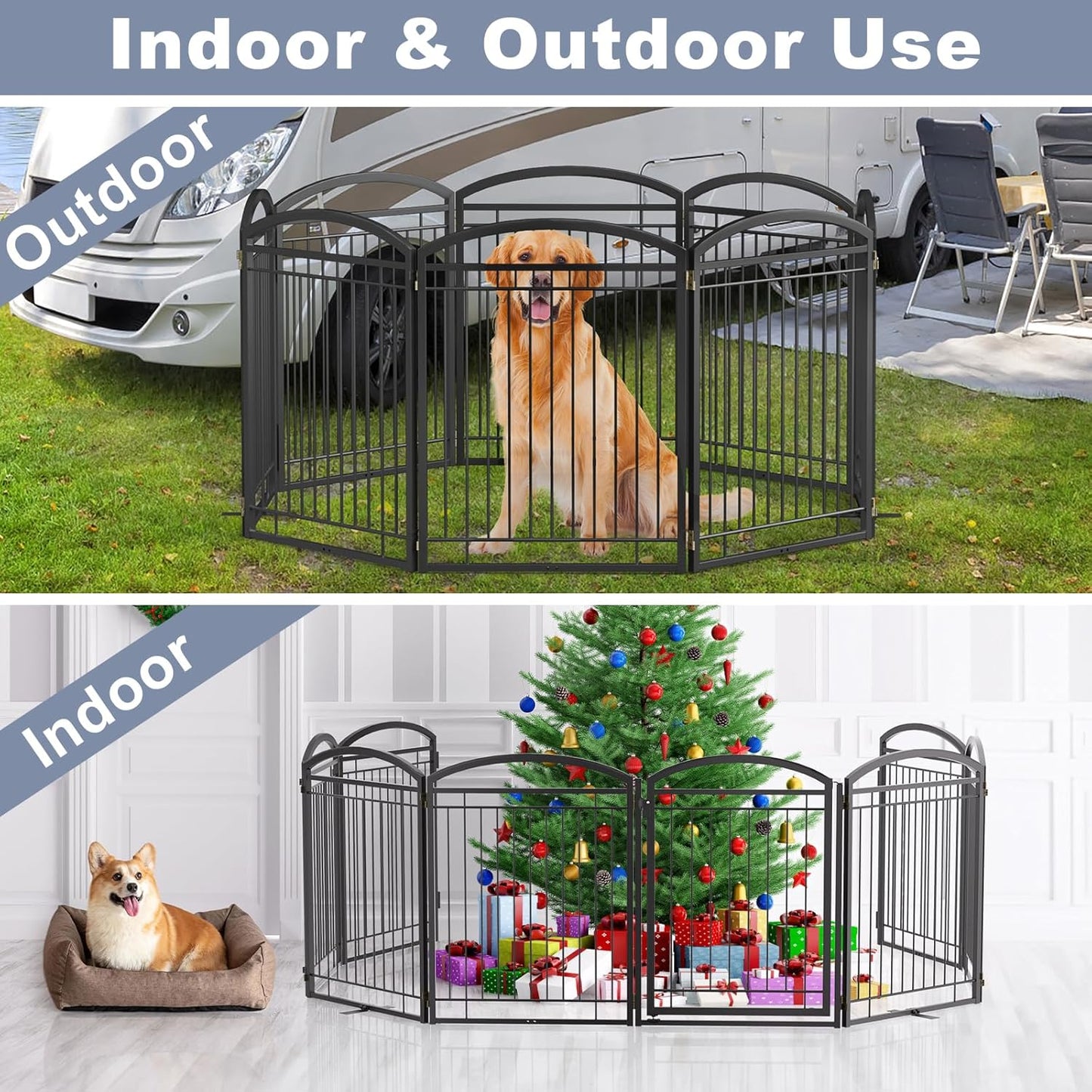 Full Metal Free Standing Dog Gate with Door for Indoor & Outdoor,96'' Extra Wide 32'' Tall Dog Gate for The Doorways,Large Openings,Decks,Porch,Pet Freestanding Safety Fence(4 Panels,Black)